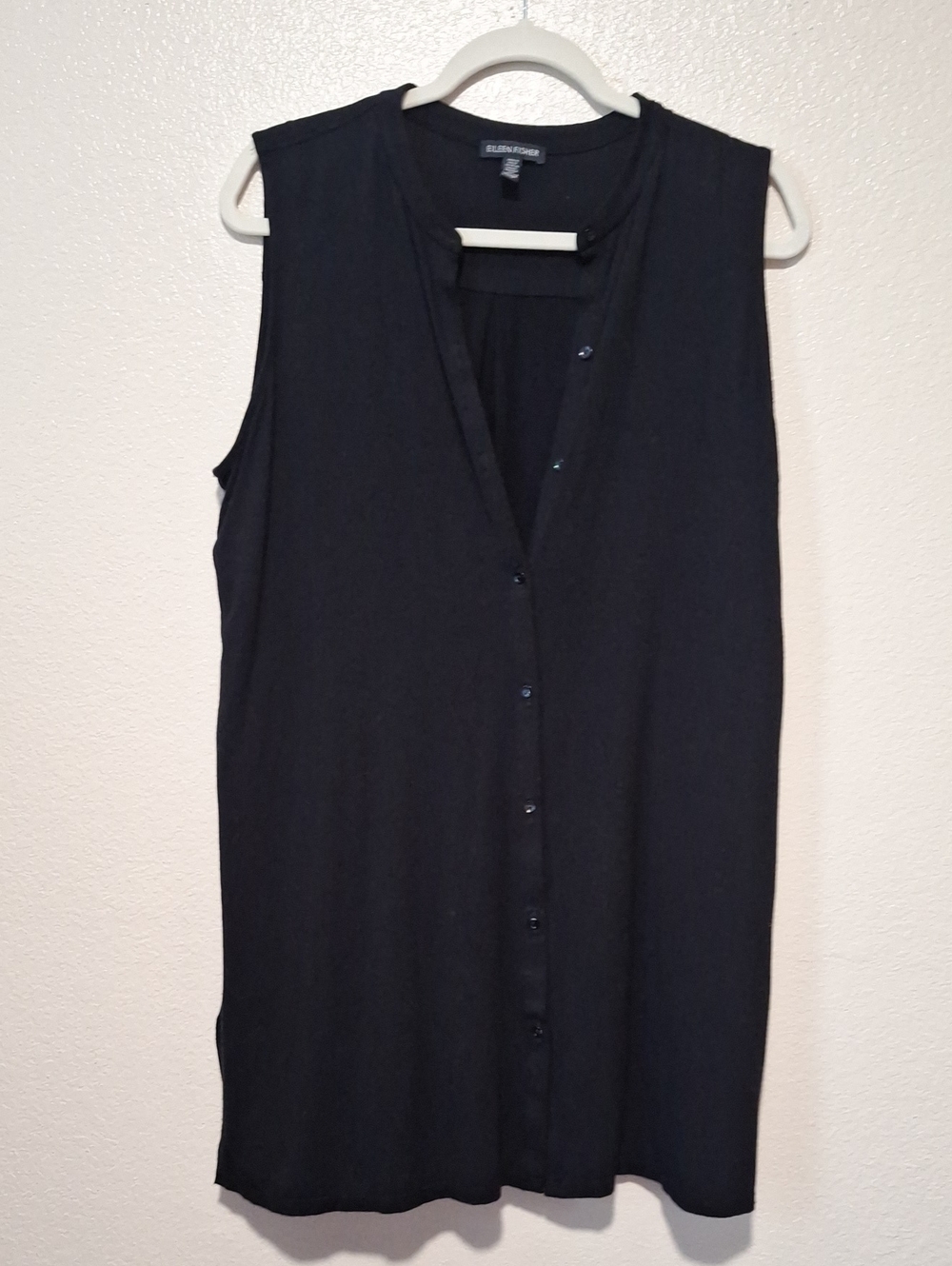 Eileen Fisher Black Sleeveless Button-Front Tunic, Large